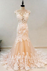 Round Neck Mermaid Champagne Lace Long Prom Dresses,Sexy Formal Dress,Graduation Dresses